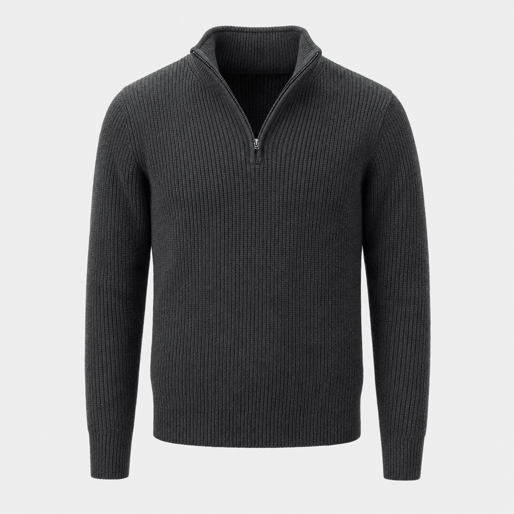 Flat product image of a charcoal gray ribbed knit quarter-zip sweater.
