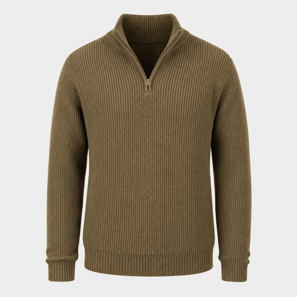 Flat product image of a brown ribbed knit quarter-zip sweater with a raised collar.