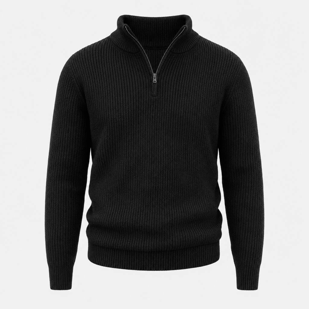 Flat product image of a black ribbed knit quarter-zip sweater with a raised collar.