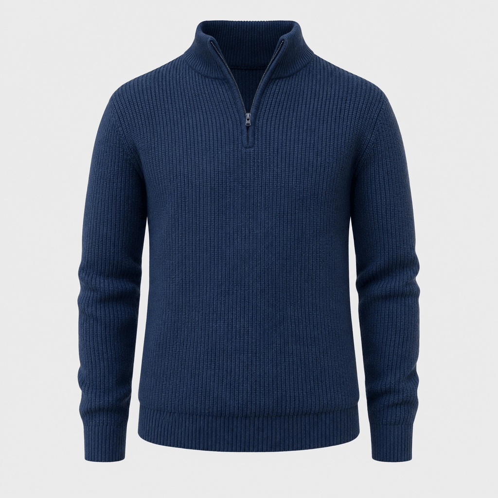 Flat product image of a navy blue ribbed knit quarter-zip sweater with a raised collar.