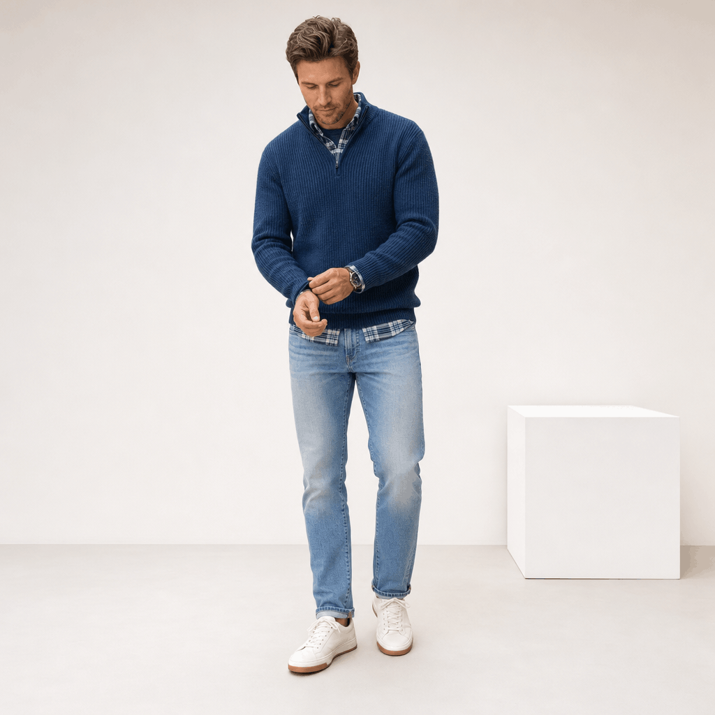 Man wearing the navy blue quarter-zip sweater with blue jeans and white sneakers.