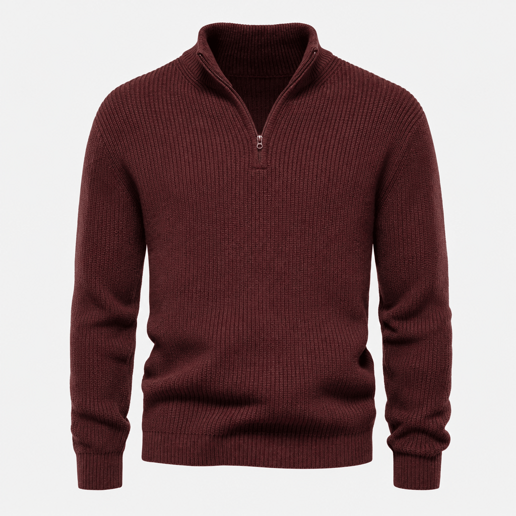 Flat product image of a burgundy ribbed knit quarter-zip sweater with a raised collar.