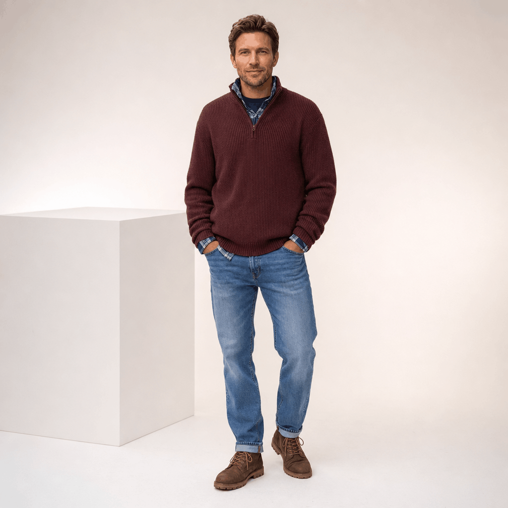 Man wearing the burgundy quarter-zip sweater with light blue jeans.