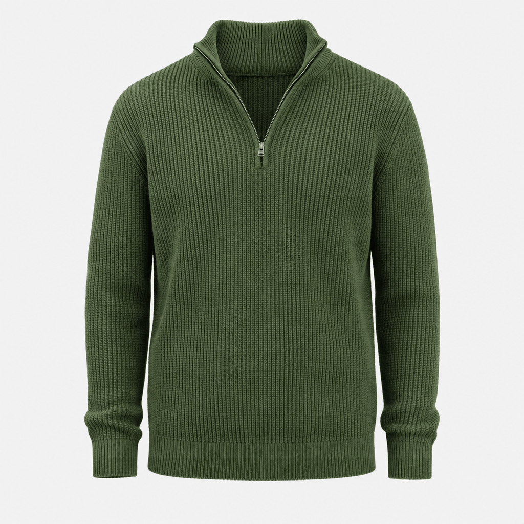 Flat product image of a dark green ribbed knit quarter-zip sweater.