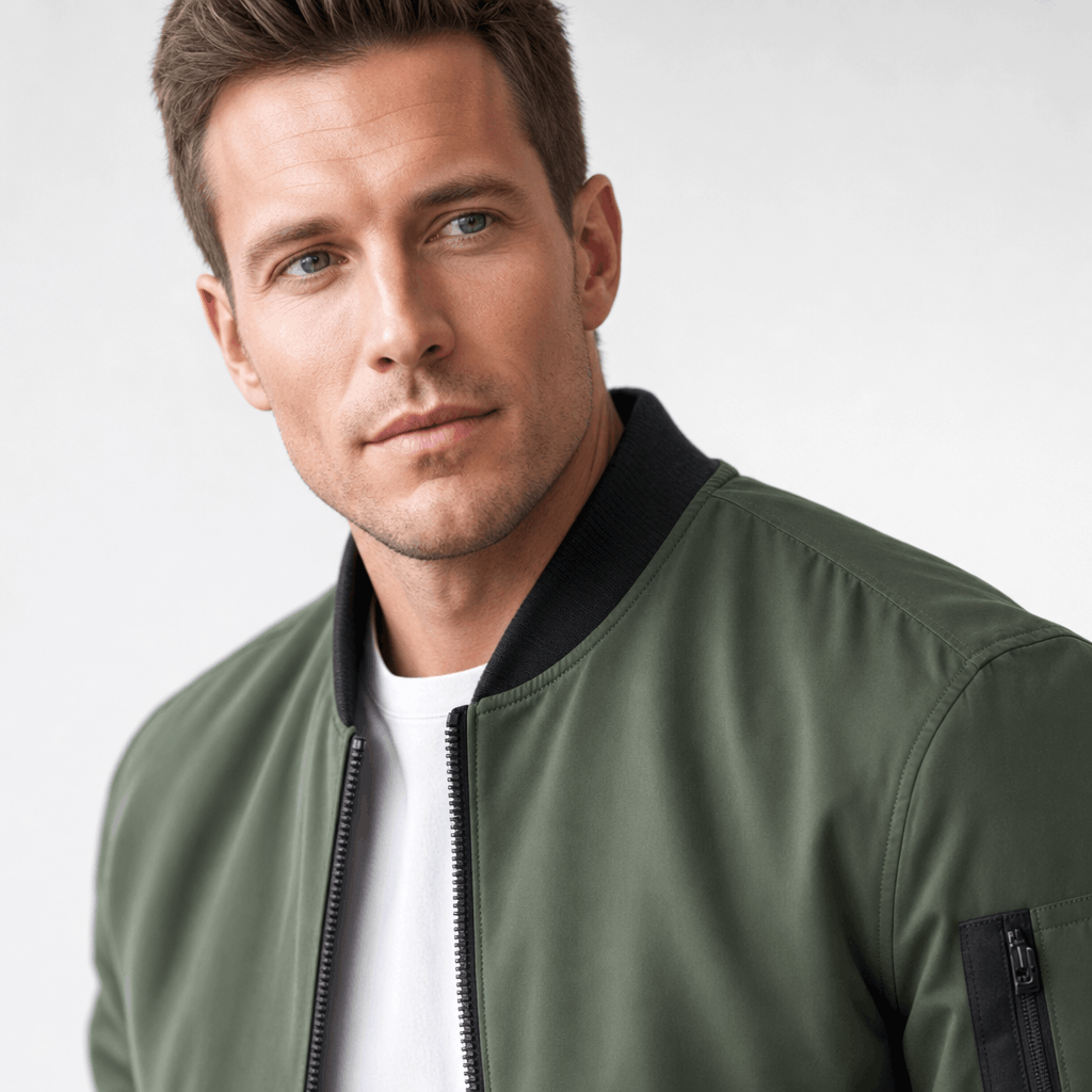 Close-up of a man wearing an olive green bomber jacket over a white T-shirt.
