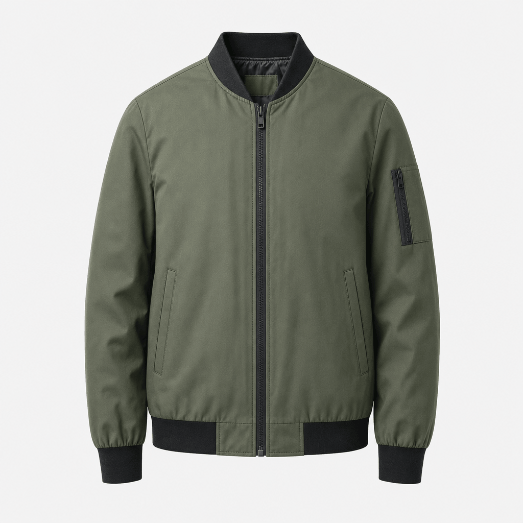 Olive green zip-front bomber jacket displayed on its own.