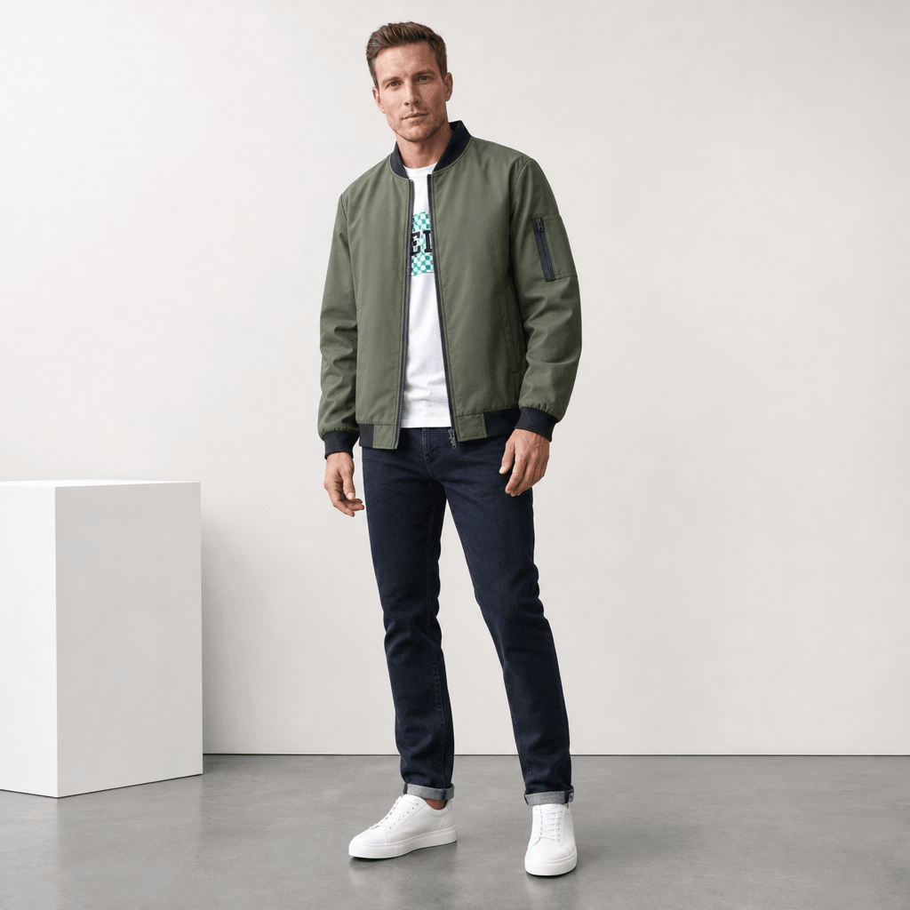 Full-body view of a man wearing an olive green bomber jacket with dark trousers and white sneakers.