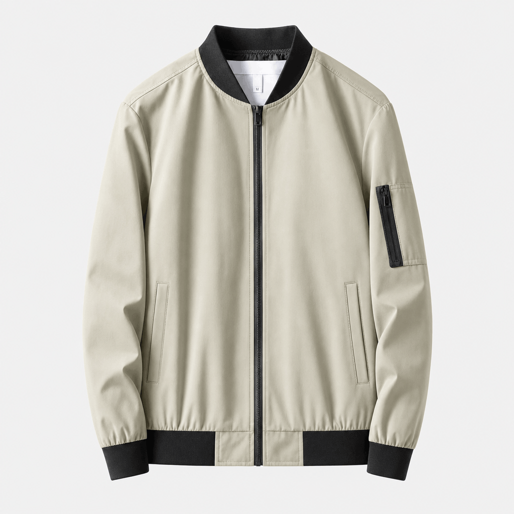 Light beige zip-front bomber jacket displayed on its own.