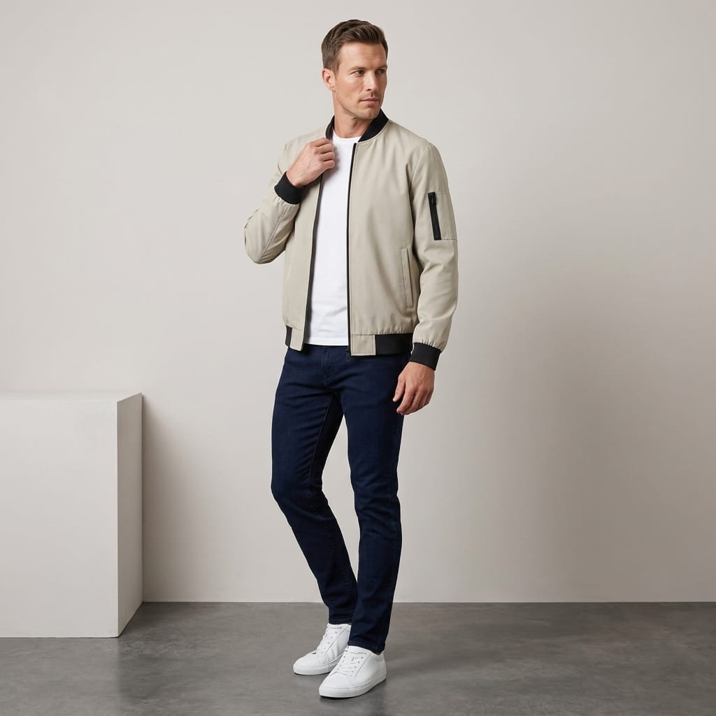 Full-body view of a man wearing a light beige bomber jacket with dark trousers and white sneakers.