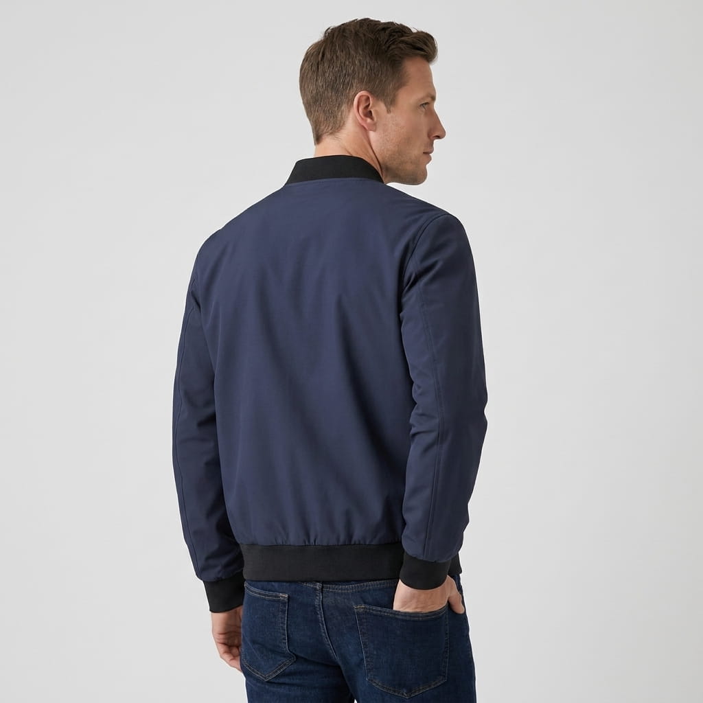 Back view of a man wearing a navy blue bomber jacket.