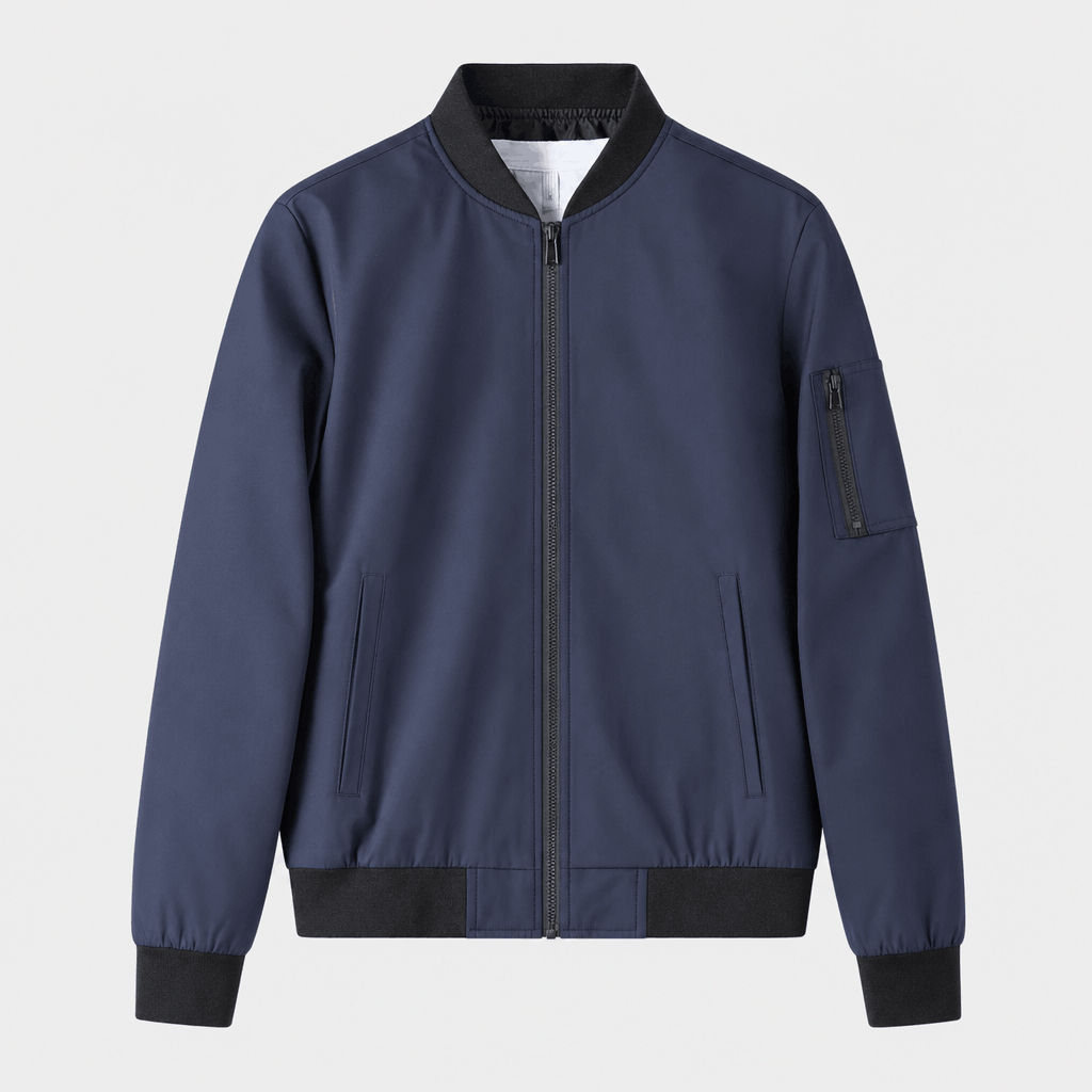 Navy blue zip-front bomber jacket displayed on its own.