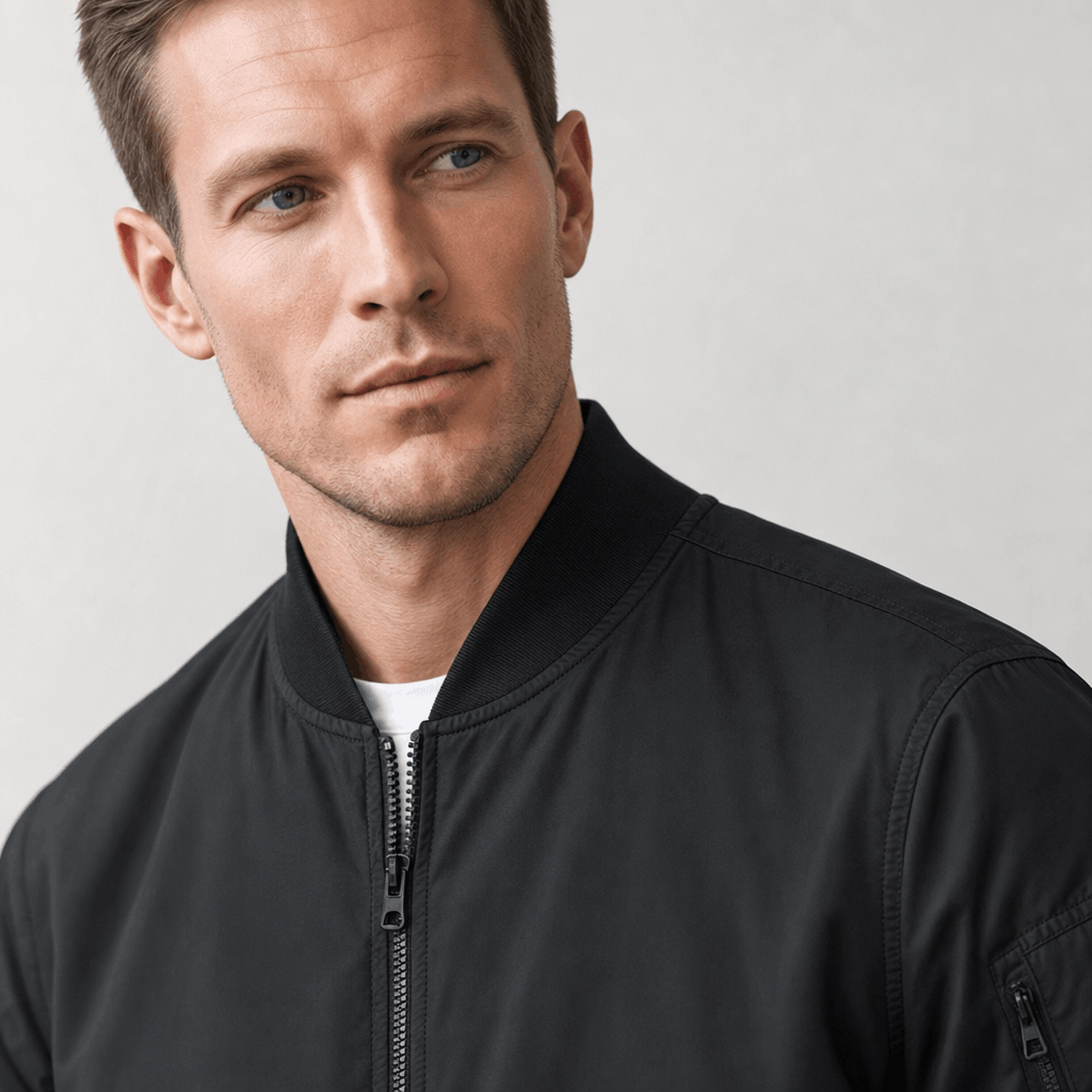 Close-up of the male model wearing the black bomber jacket.