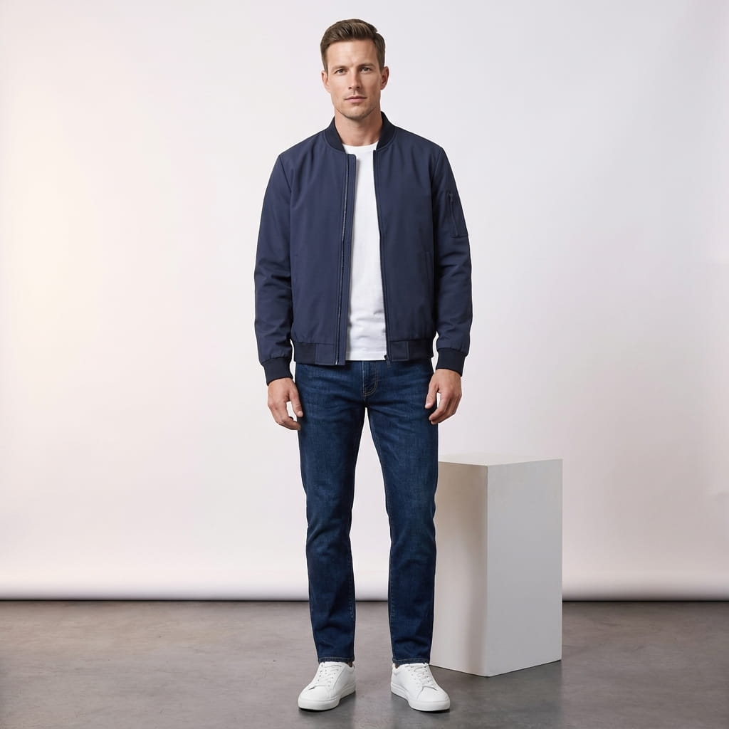 Full-body view of a man wearing a navy blue bomber jacket with dark trousers and white sneakers.