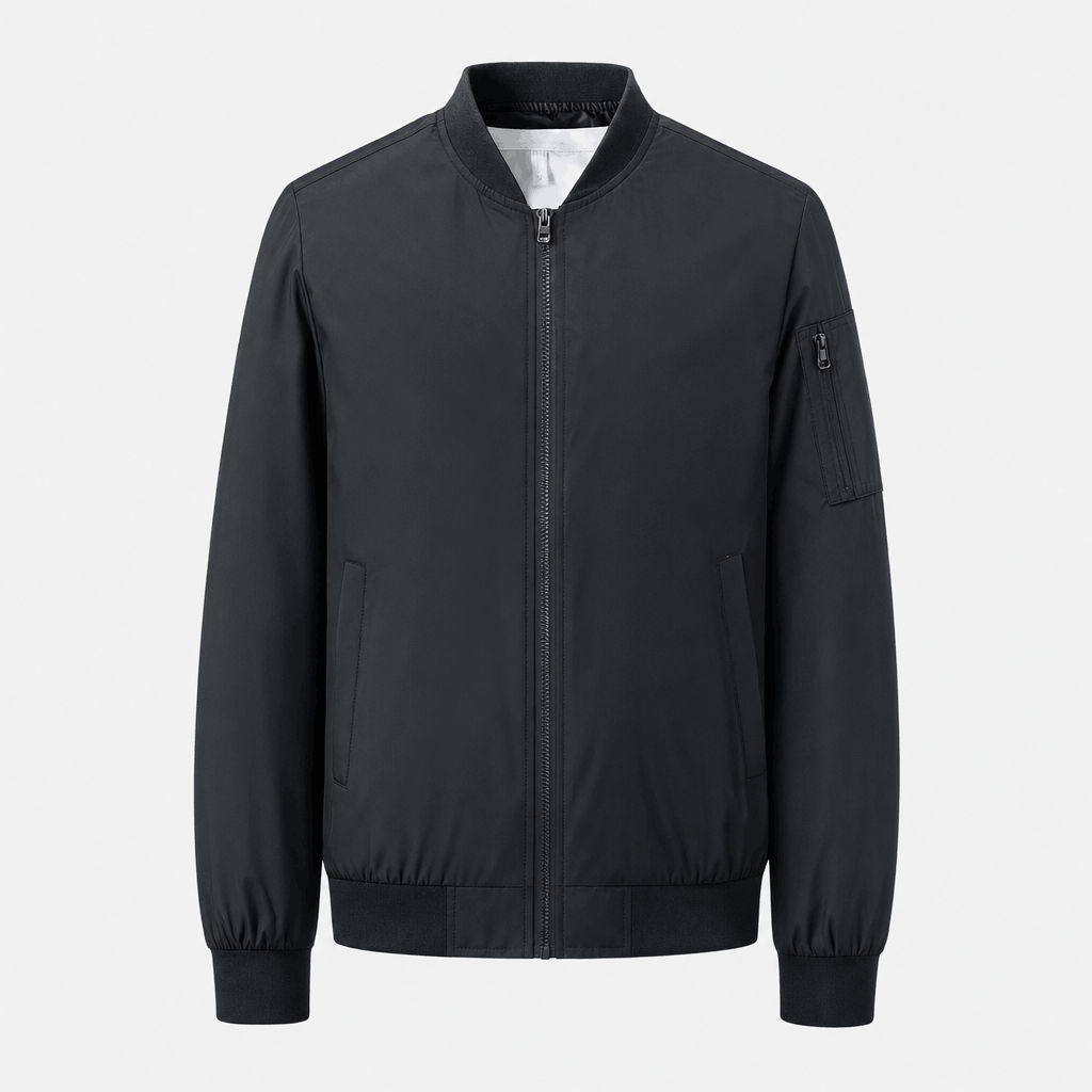 Black zip-front bomber jacket displayed on its own.