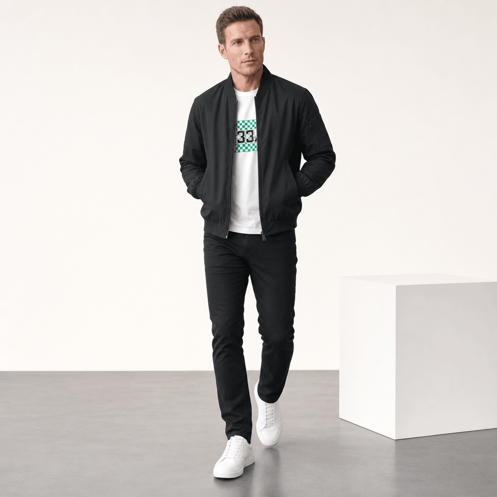 Full-body view of the man wearing the black bomber jacket with white sneakers.