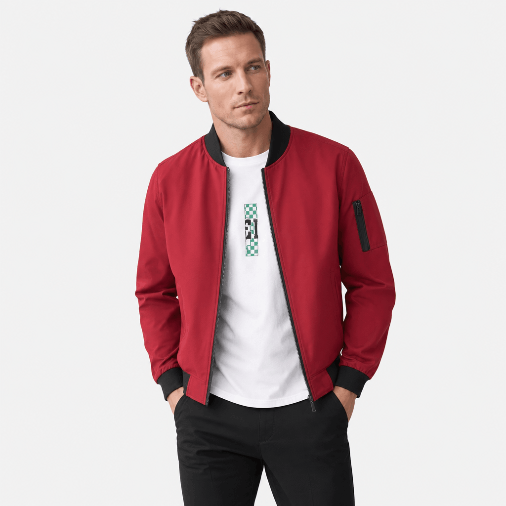 Man wearing a red bomber jacket over a white T-shirt and dark trousers.