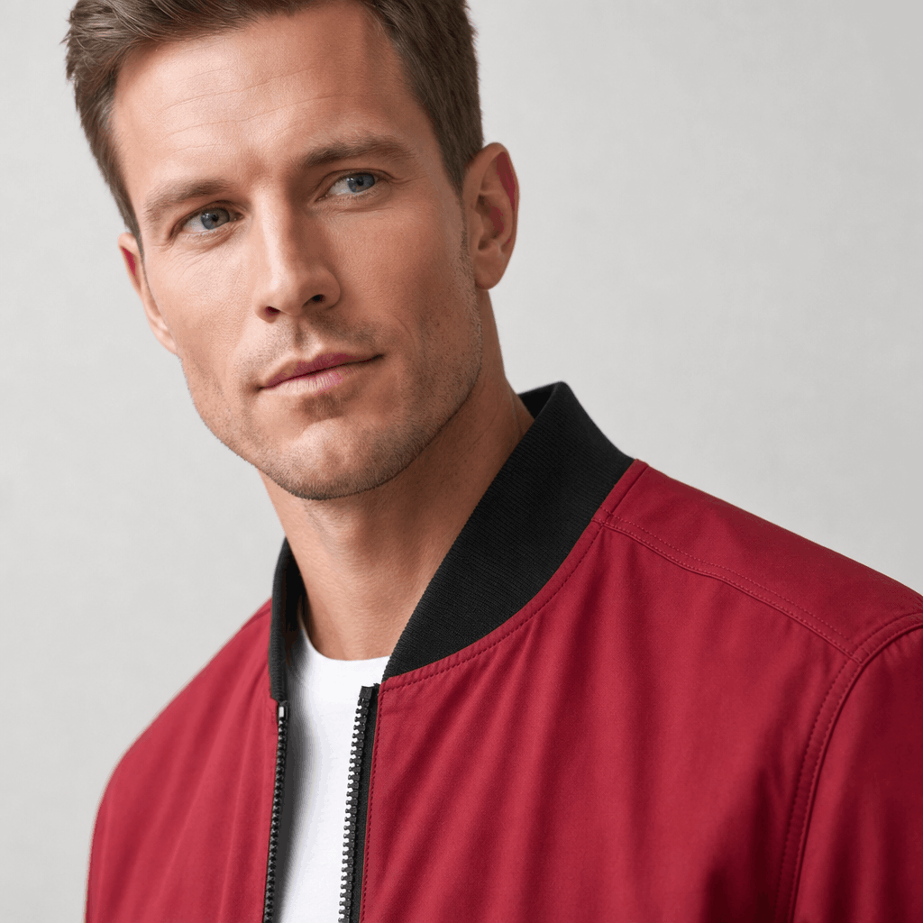 Close-up of the male model wearing the red bomber jacket.