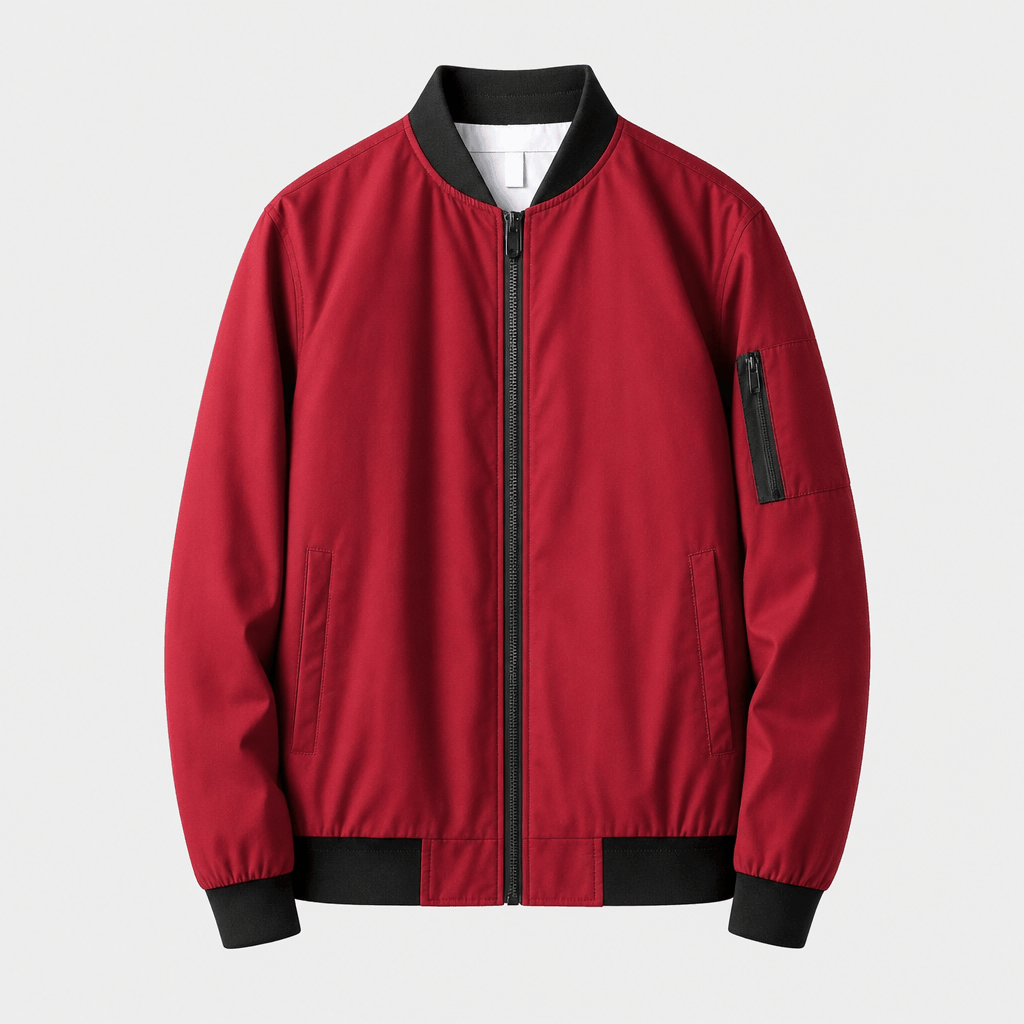 Red zip-front bomber jacket displayed on its own.