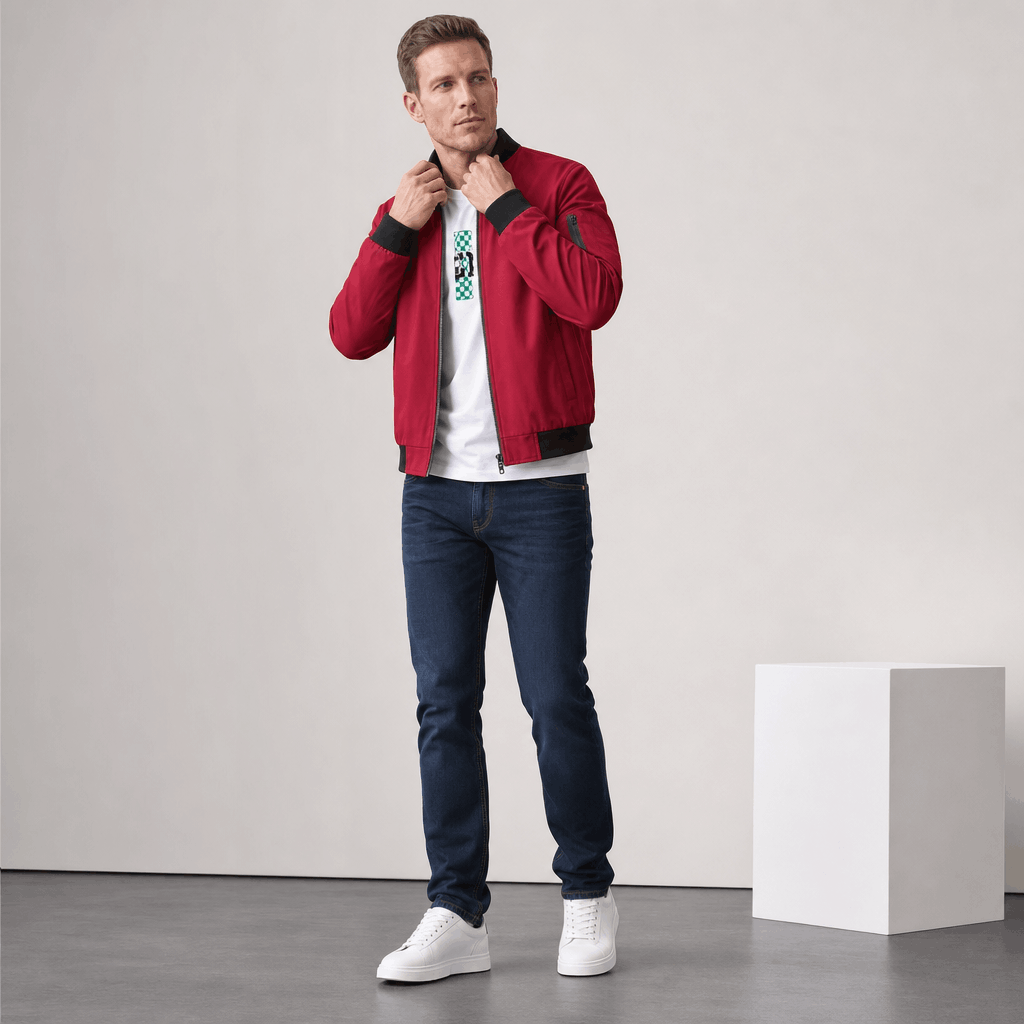 Full-body view of the man wearing the red bomber jacket.
