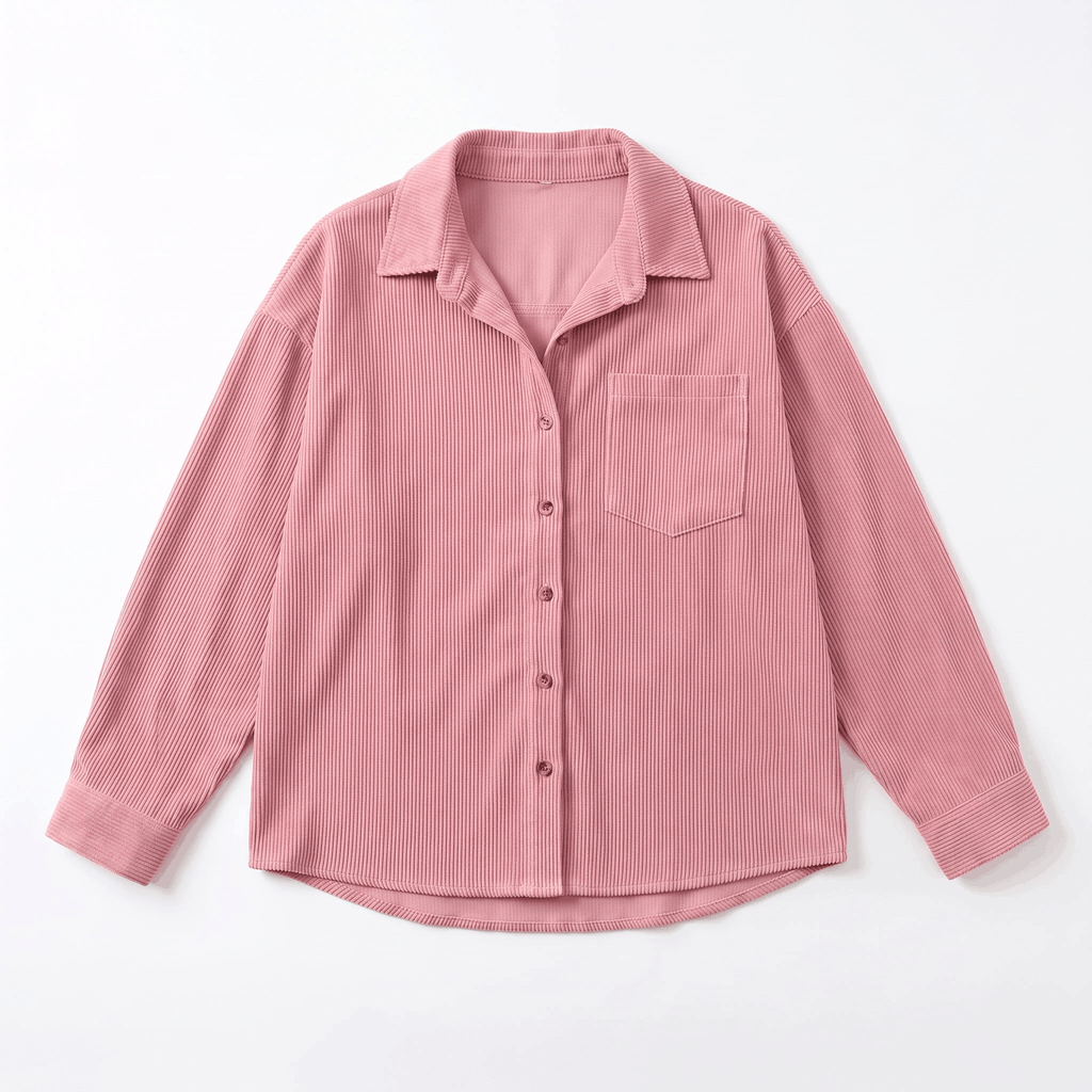 Dusty pink corduroy button-down shirt with a relaxed, oversized fit, drop shoulders, and a classic point collar.