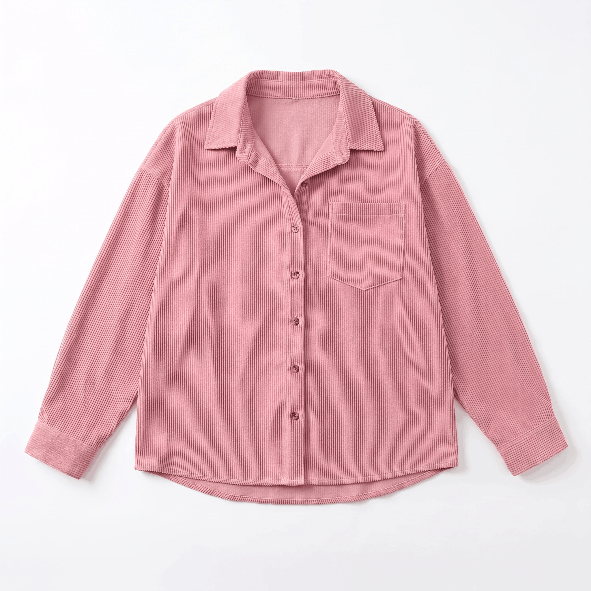 Dusty pink corduroy button-down shirt with a relaxed, oversized fit, drop shoulders, and a classic point collar.