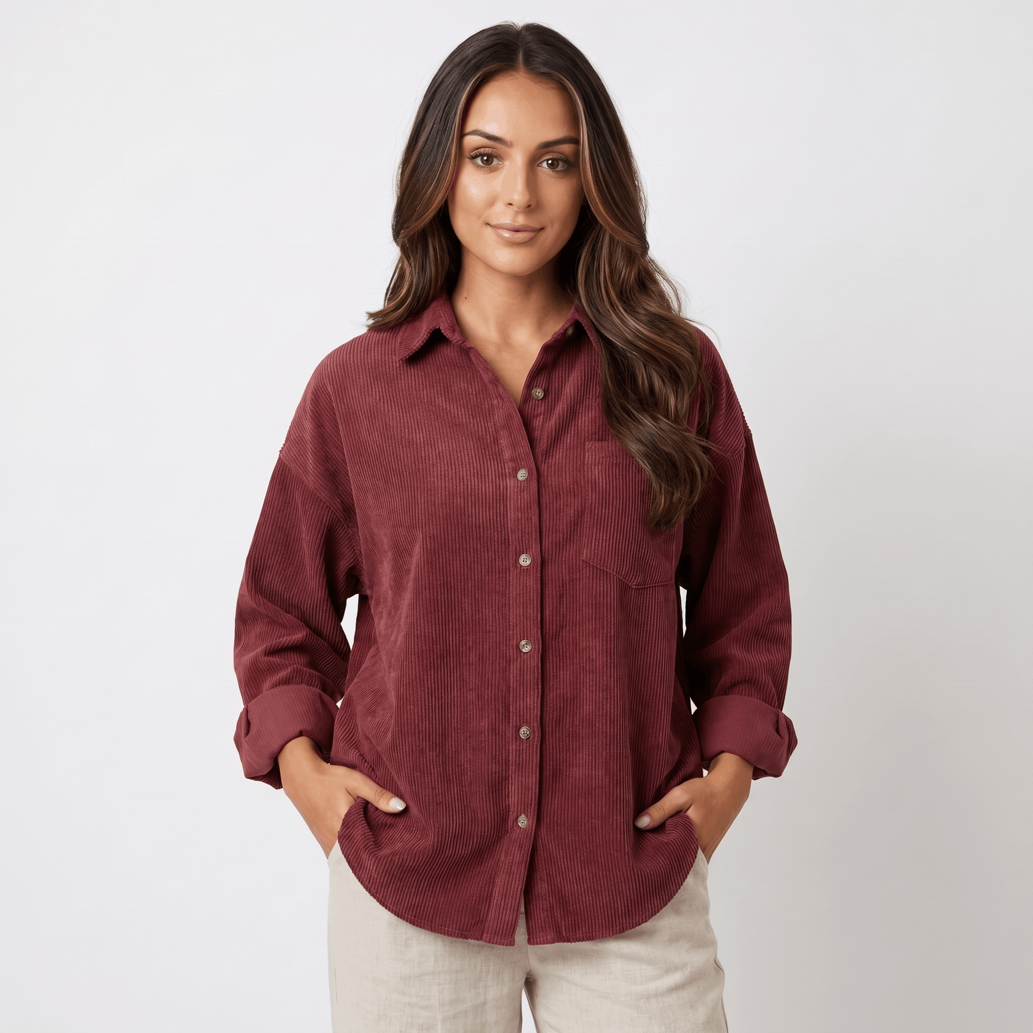 Rust-toned oversized corduroy button-down shirt with a point collar, drop shoulders, and rolled cuffs.
