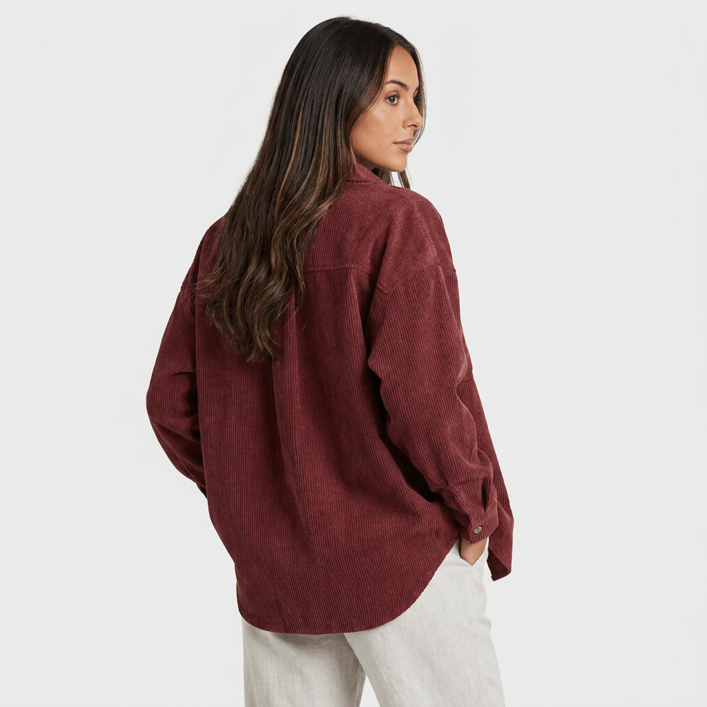 Oversized rust corduroy button-down shirt with a drop shoulder and point collar, worn untucked over light trousers.