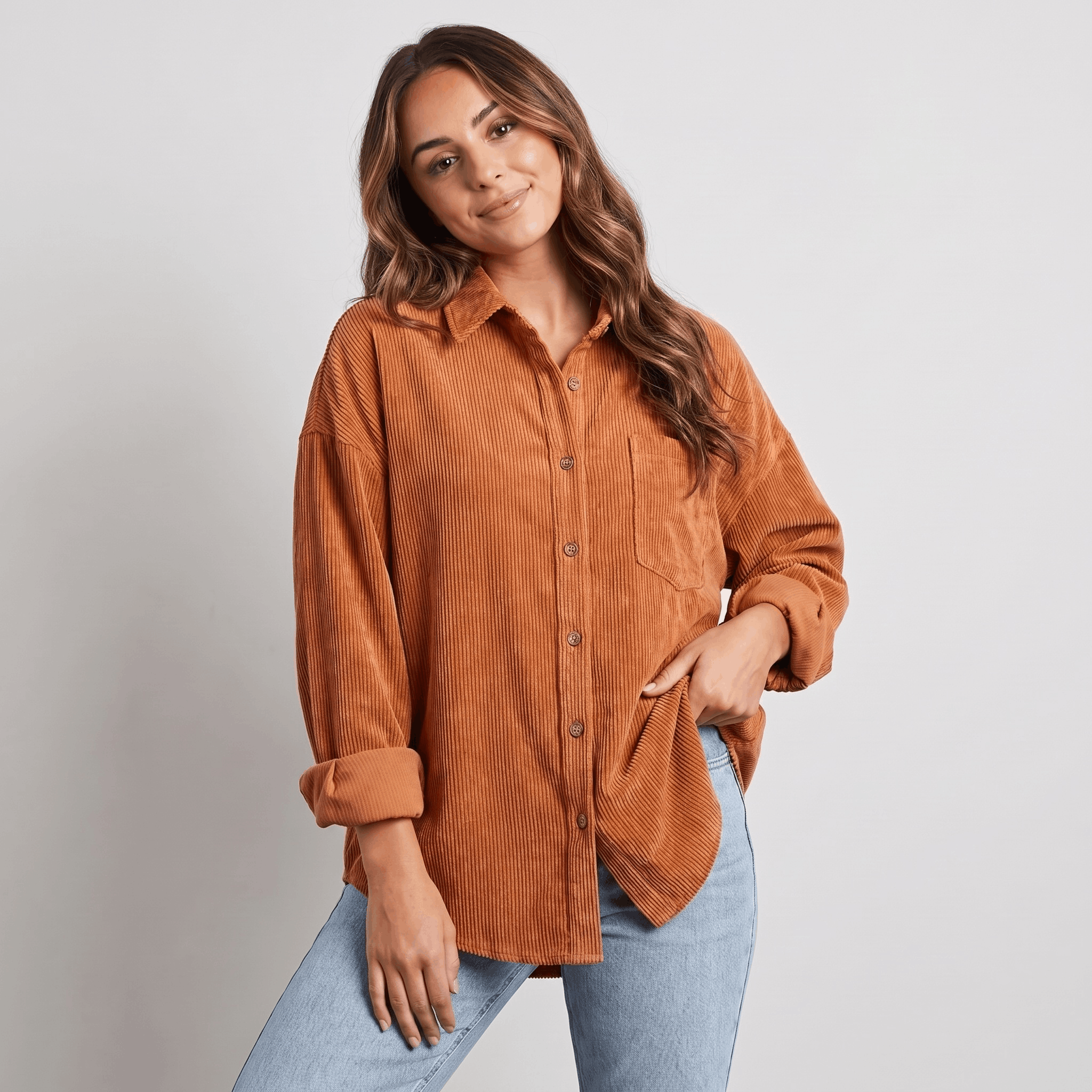 Rust-colored oversized corduroy button-down shirt with drop shoulders and a point collar, styled with light wash jeans.