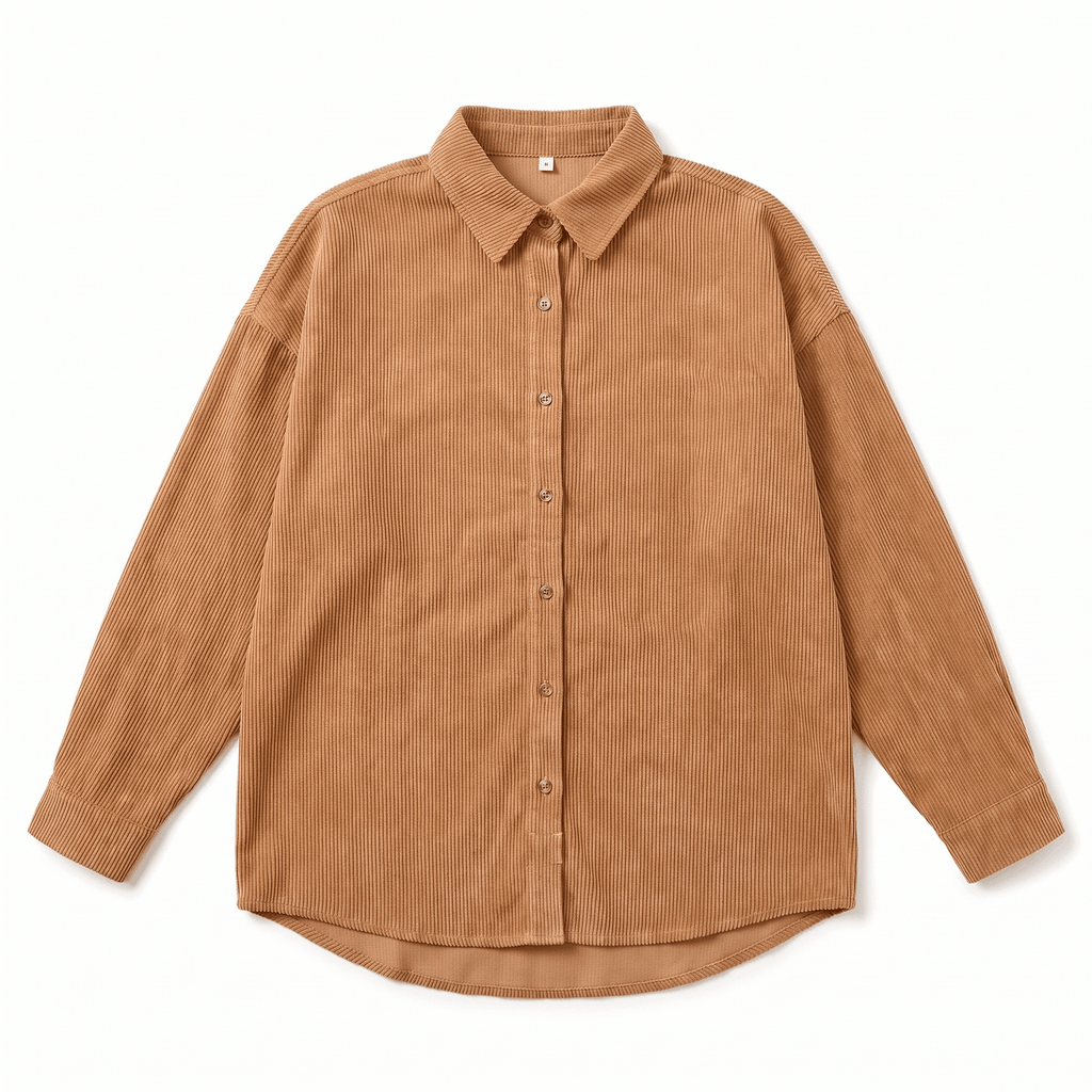 Rust-colored corduroy button-down shirt with a point collar, drop shoulders, and a relaxed, oversized fit.