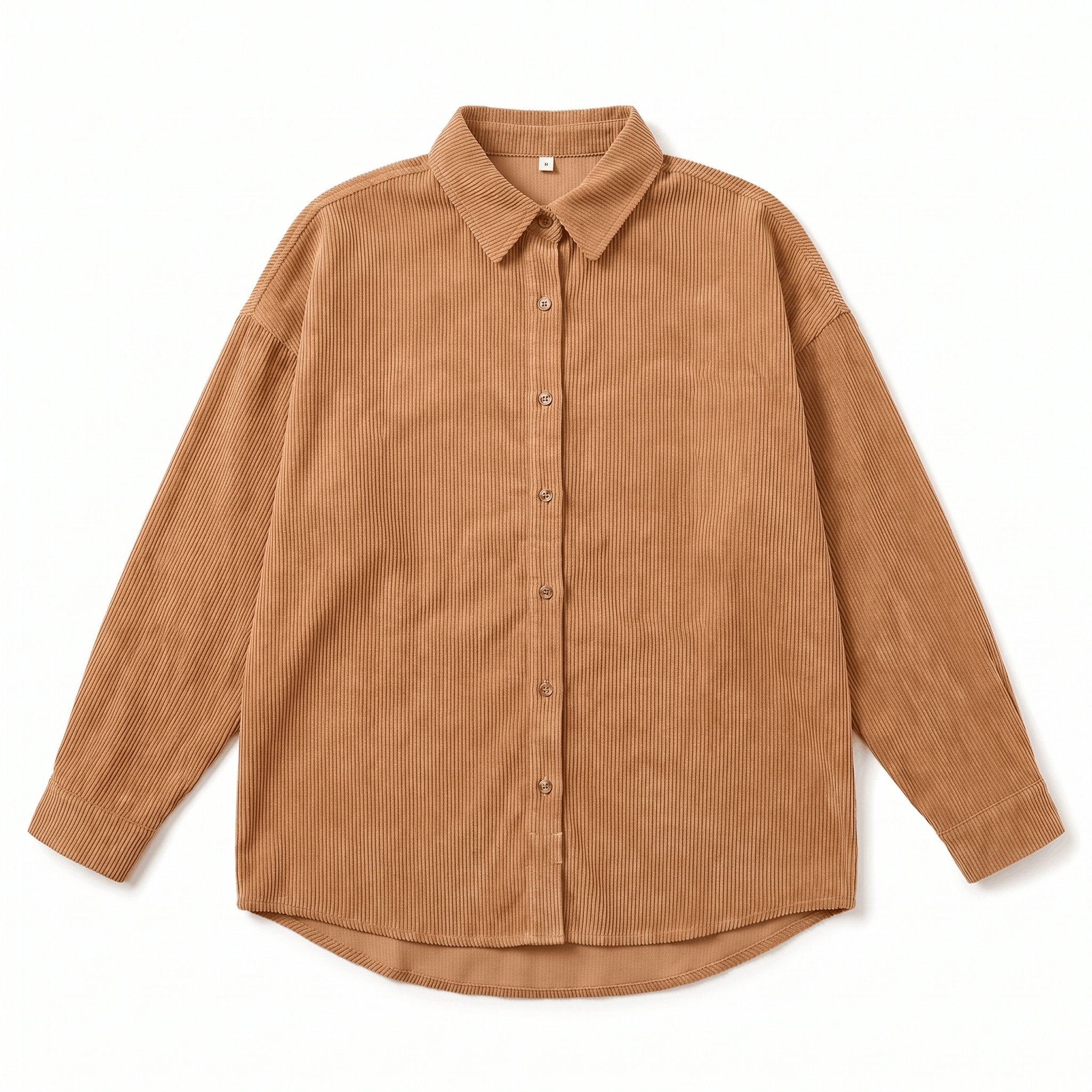 Rust-colored corduroy button-down shirt with a point collar, drop shoulders, and a relaxed, oversized fit.