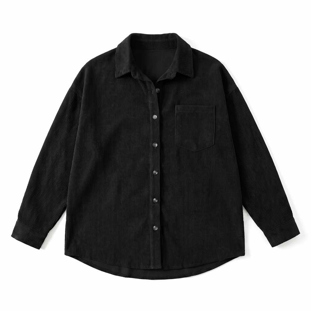 Black oversized corduroy button-down shirt with a point collar, drop shoulders, and a single chest pocket.