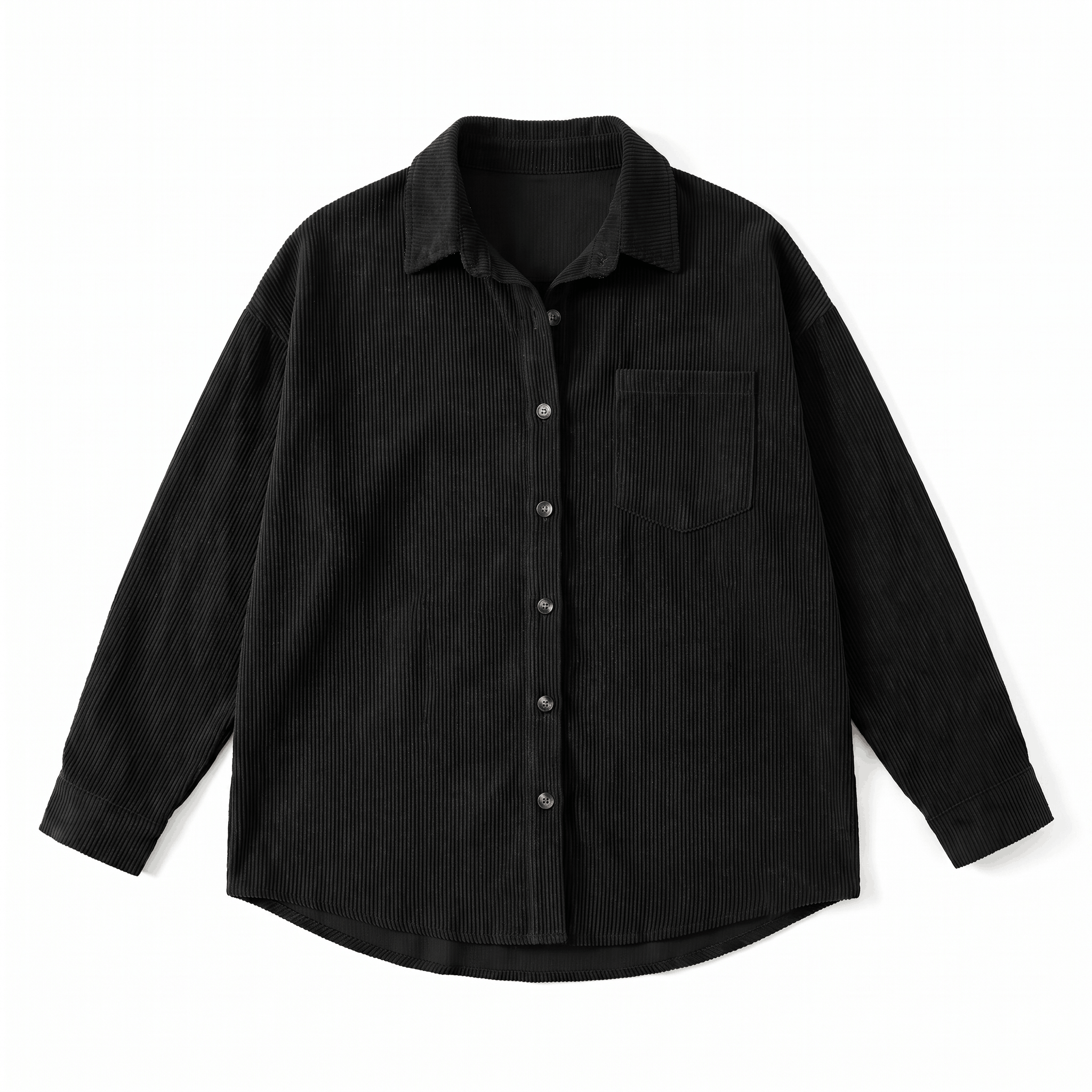 Black oversized corduroy button-down shirt with a point collar, drop shoulders, and a single chest pocket.