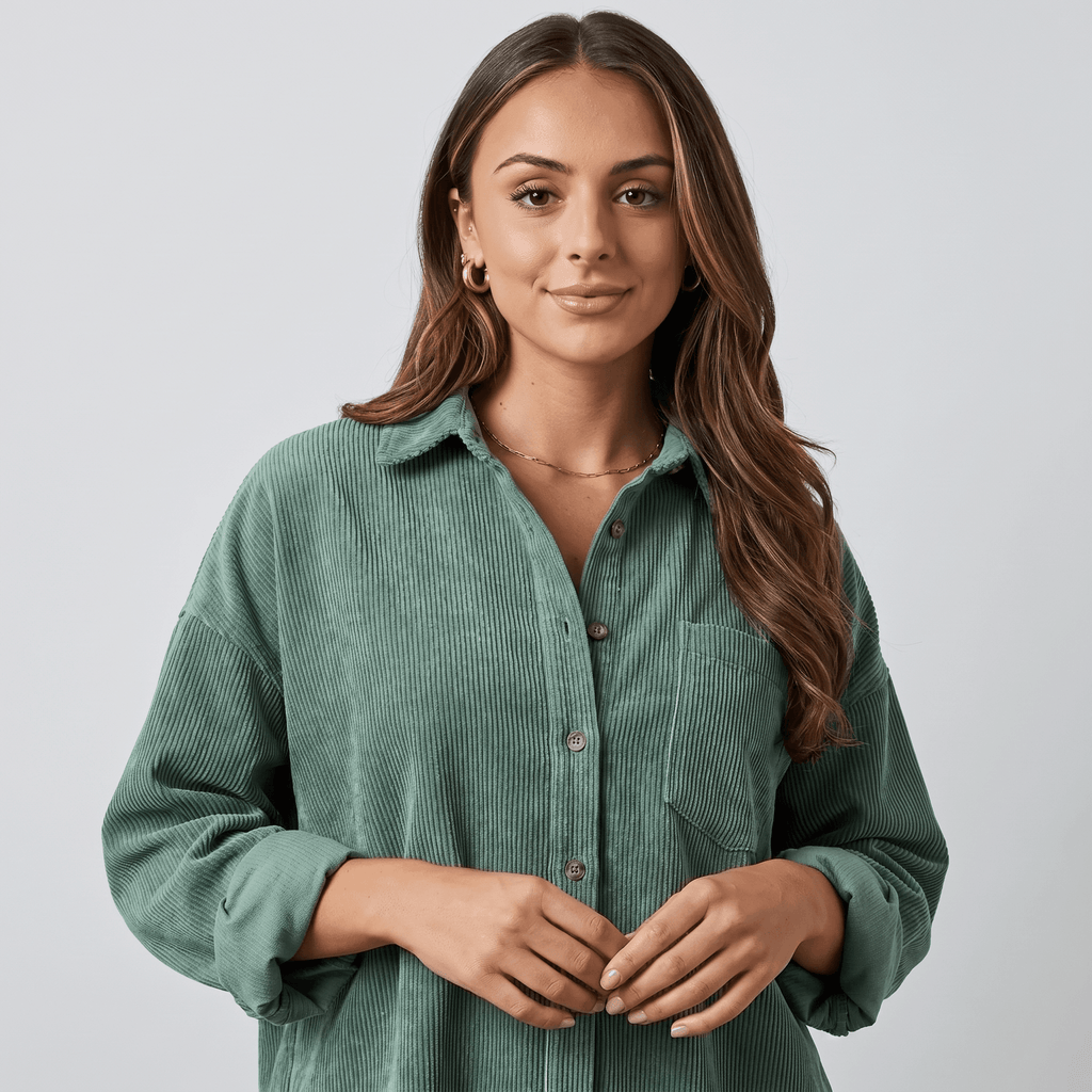 Sage green corduroy button-down shirt with an oversized drop-shoulder fit and classic point collar.