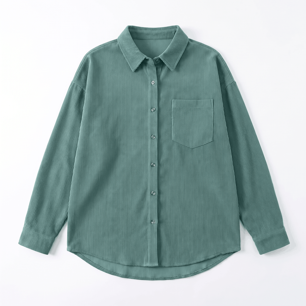 Oversized teal corduroy button-down shirt with a point collar, drop shoulders, and a single chest pocket.