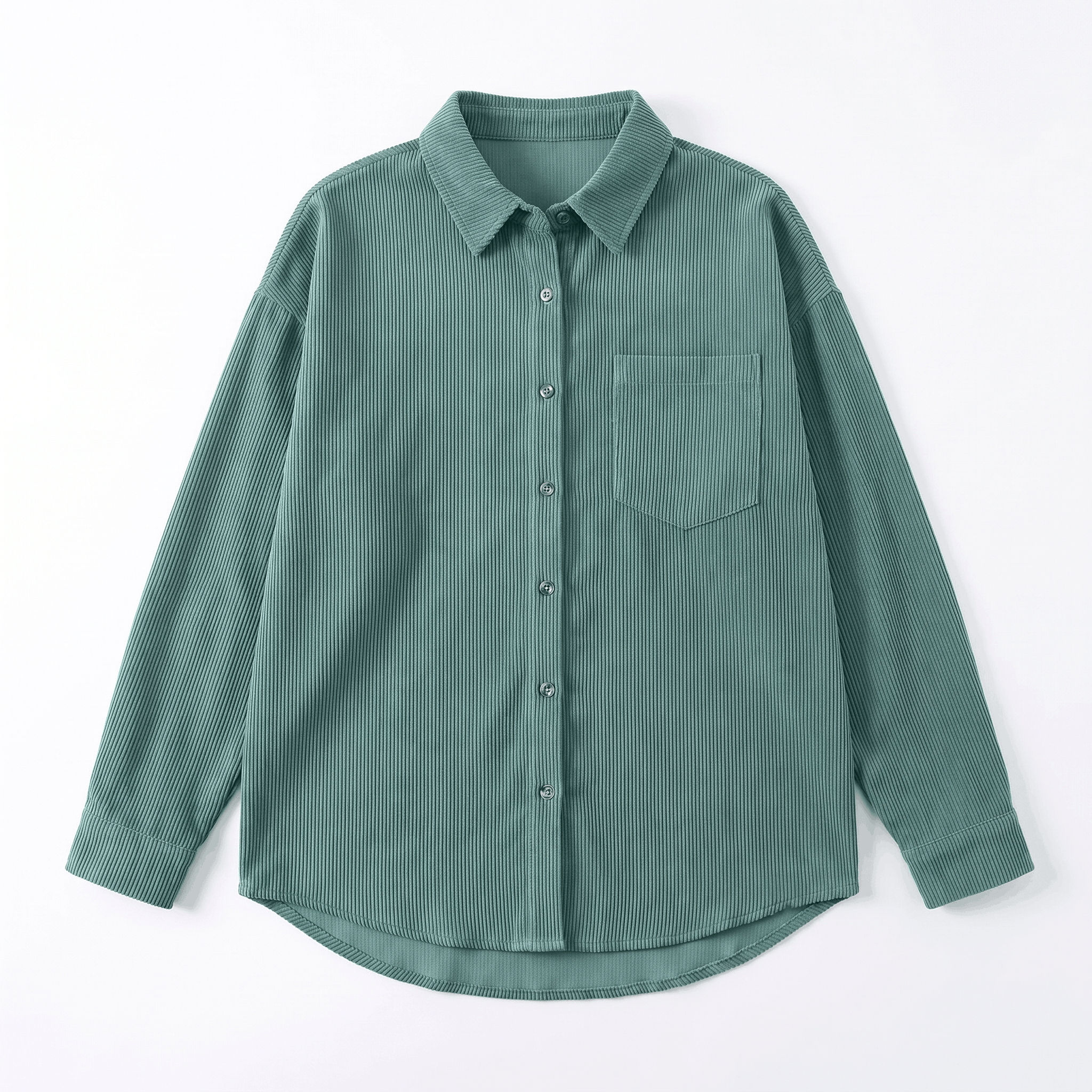 Oversized teal corduroy button-down shirt with a point collar, drop shoulders, and a single chest pocket.