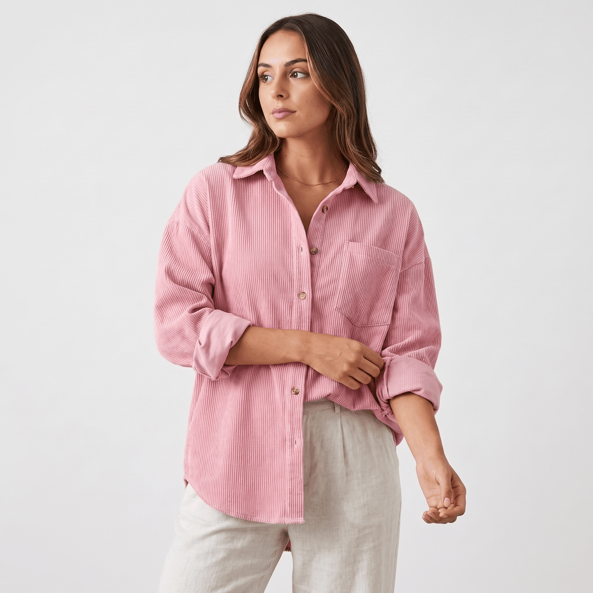 Oversized pink corduroy button-down shirt with a point collar, drop shoulders, and rolled cuffs on a light background.