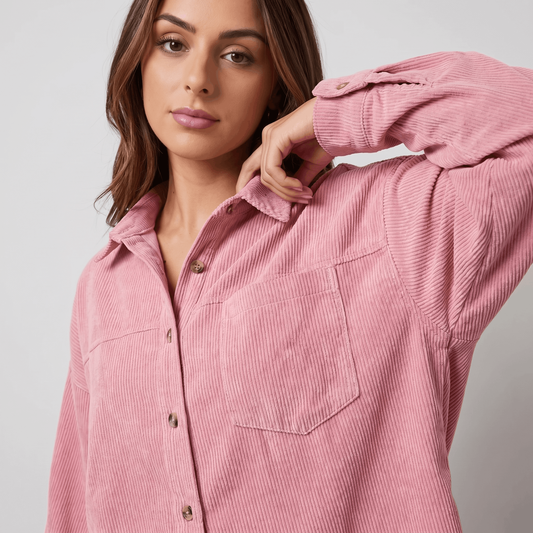 Oversized pink corduroy button-down shirt with a point collar, drop shoulders, and a chest pocket in a soft ribbed texture.