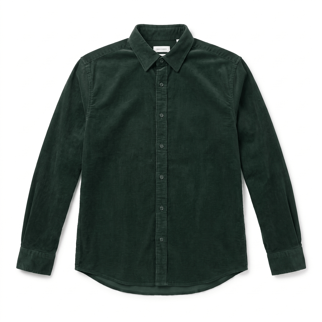 Dark green slim-fit corduroy shirt with a clean front, classic collar, and long sleeves in a tailored silhouette.