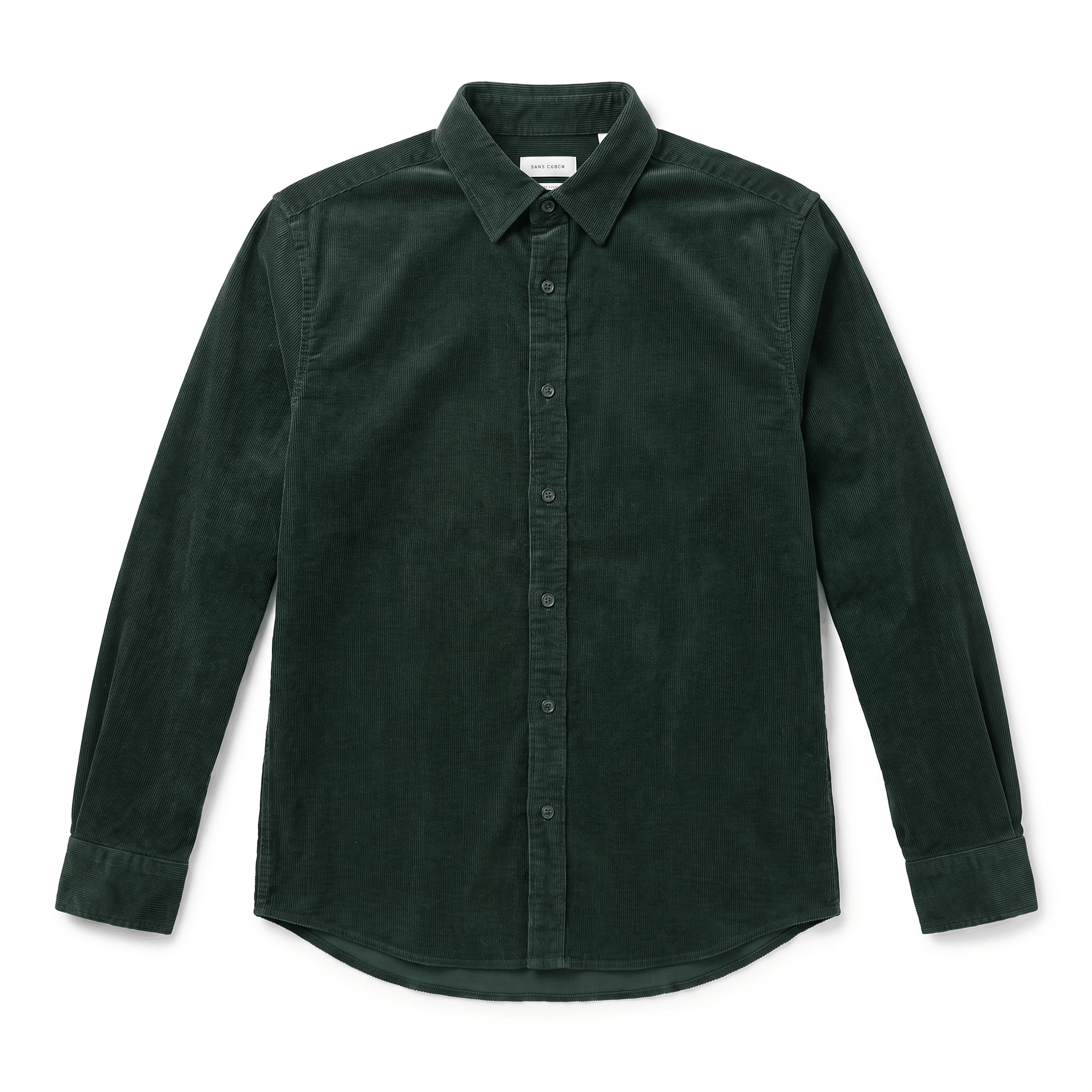 Dark green slim-fit corduroy shirt with a clean front, classic collar, and long sleeves in a tailored silhouette.