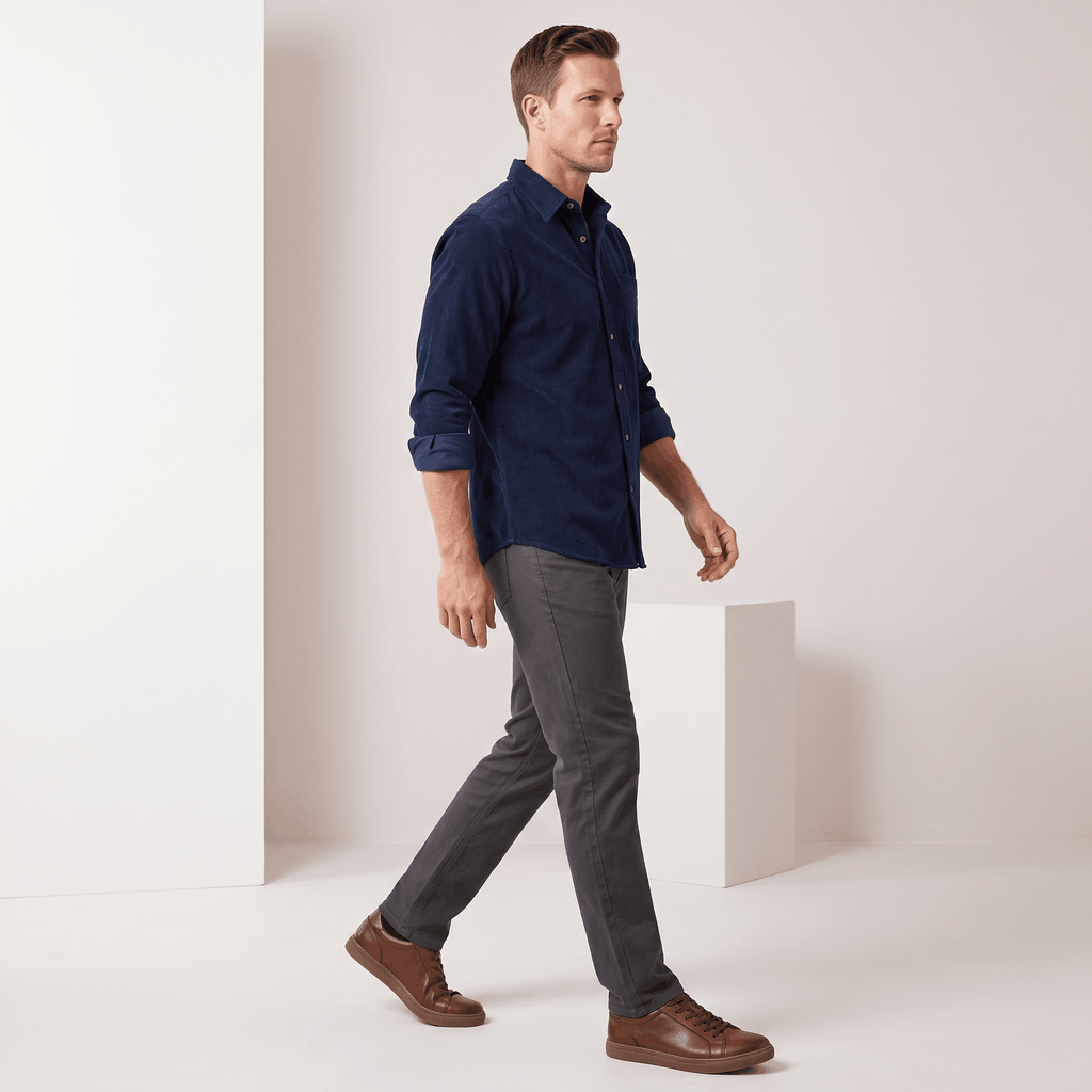 Slim-fit navy corduroy button-up shirt with a clean front, worn with rolled sleeves and charcoal chinos.