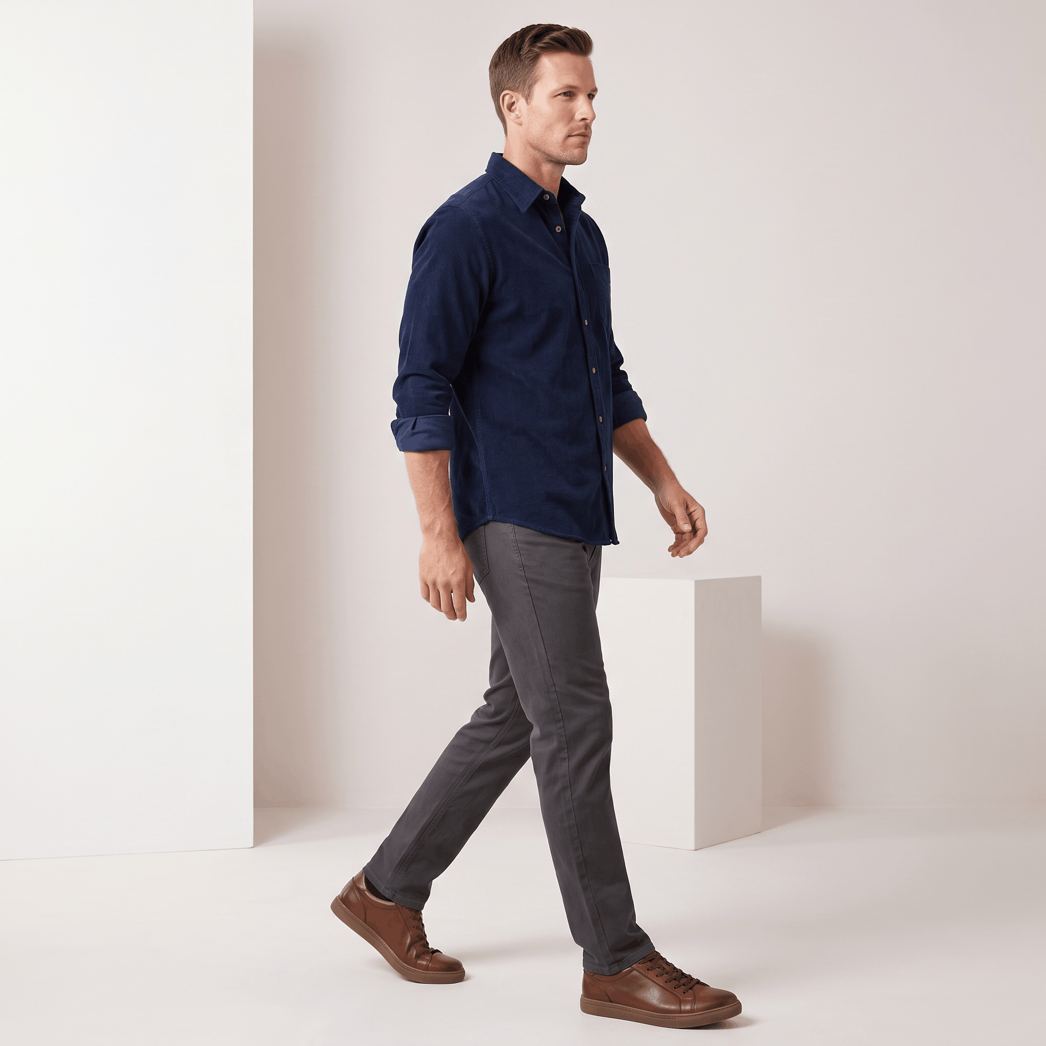Slim-fit navy corduroy button-up shirt with a clean front, worn with rolled sleeves and charcoal chinos.