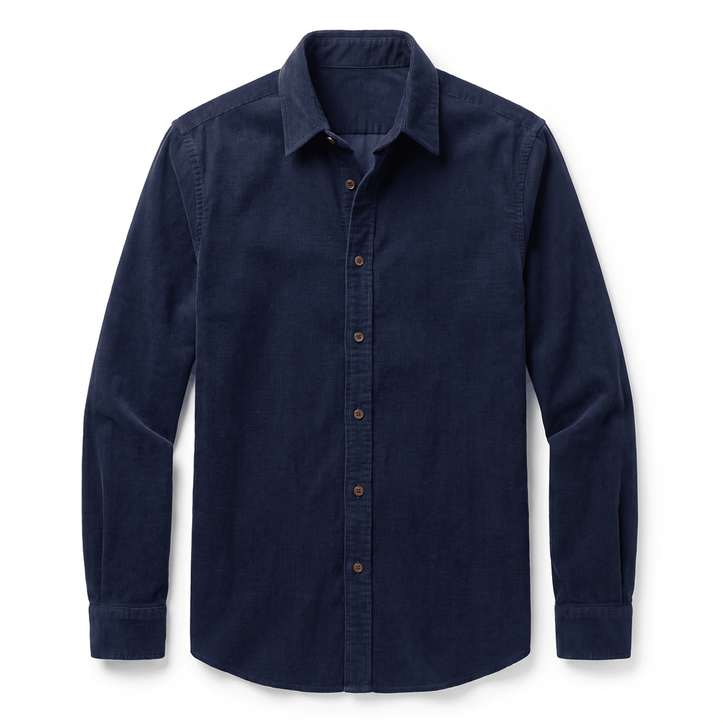 Navy blue slim-fit corduroy button-up shirt with a clean front, classic collar, and long sleeves.
