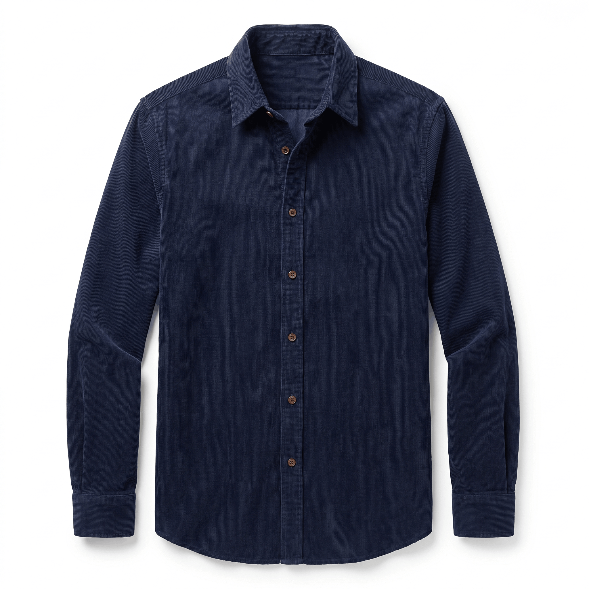Navy blue slim-fit corduroy button-up shirt with a clean front, classic collar, and long sleeves.