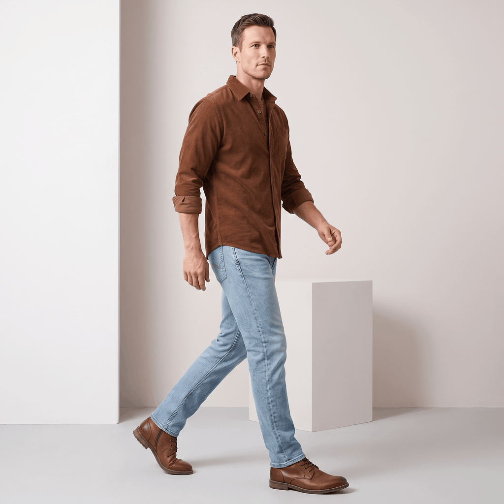 Slim-fit brown corduroy button-up shirt with a clean front, worn with light-wash denim jeans and brown leather boots.