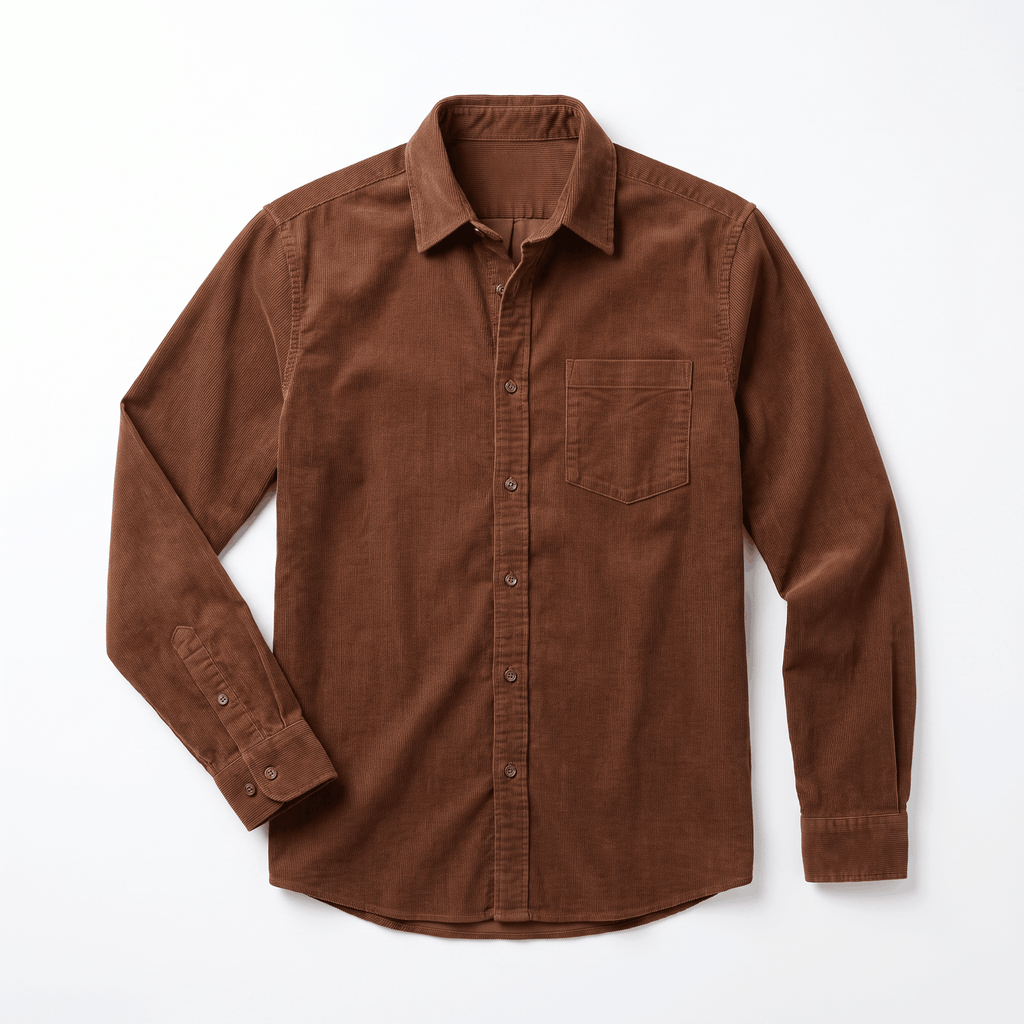 Slim-fit brown corduroy button-up shirt with a classic collar and long sleeves, laid flat on a white background.