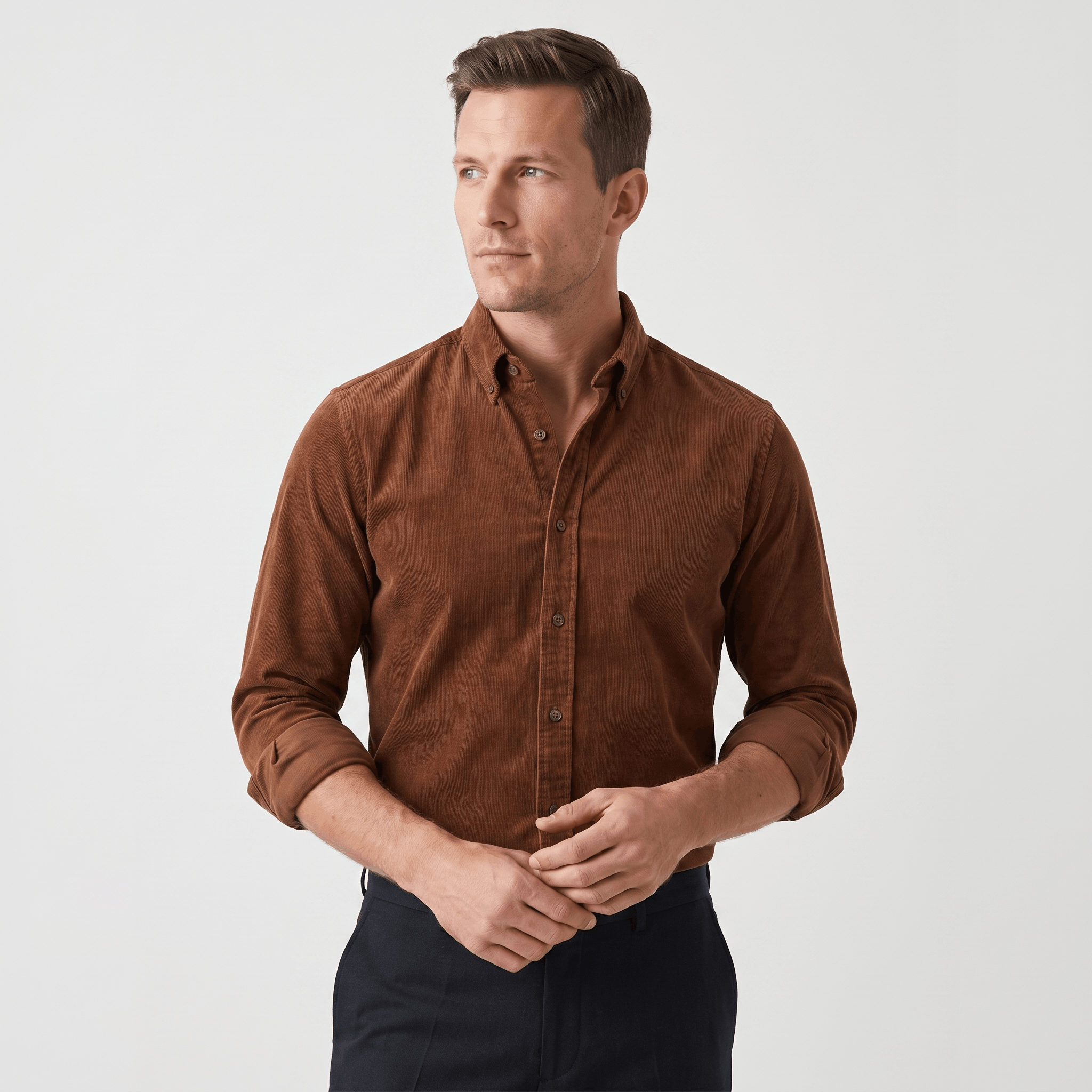 Slim-fit brown corduroy button-up shirt with a clean front, classic collar, and rolled sleeves on a man.