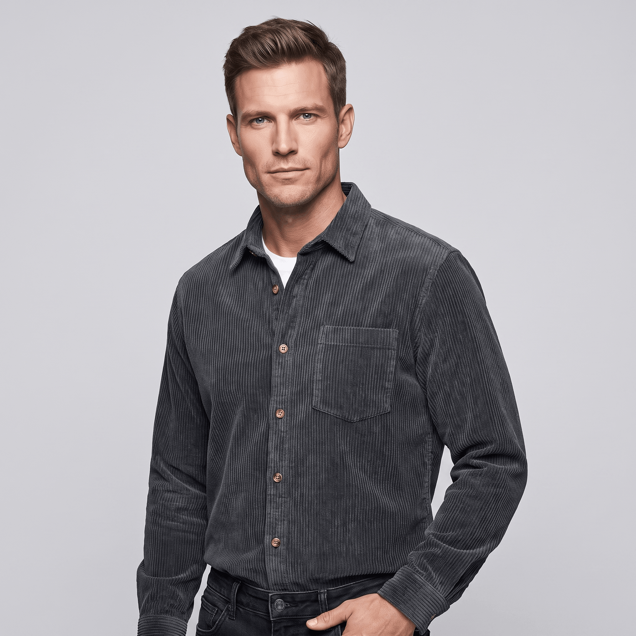 Charcoal grey cotton corduroy button-up shirt with a relaxed fit, chest pocket, and structured point collar.