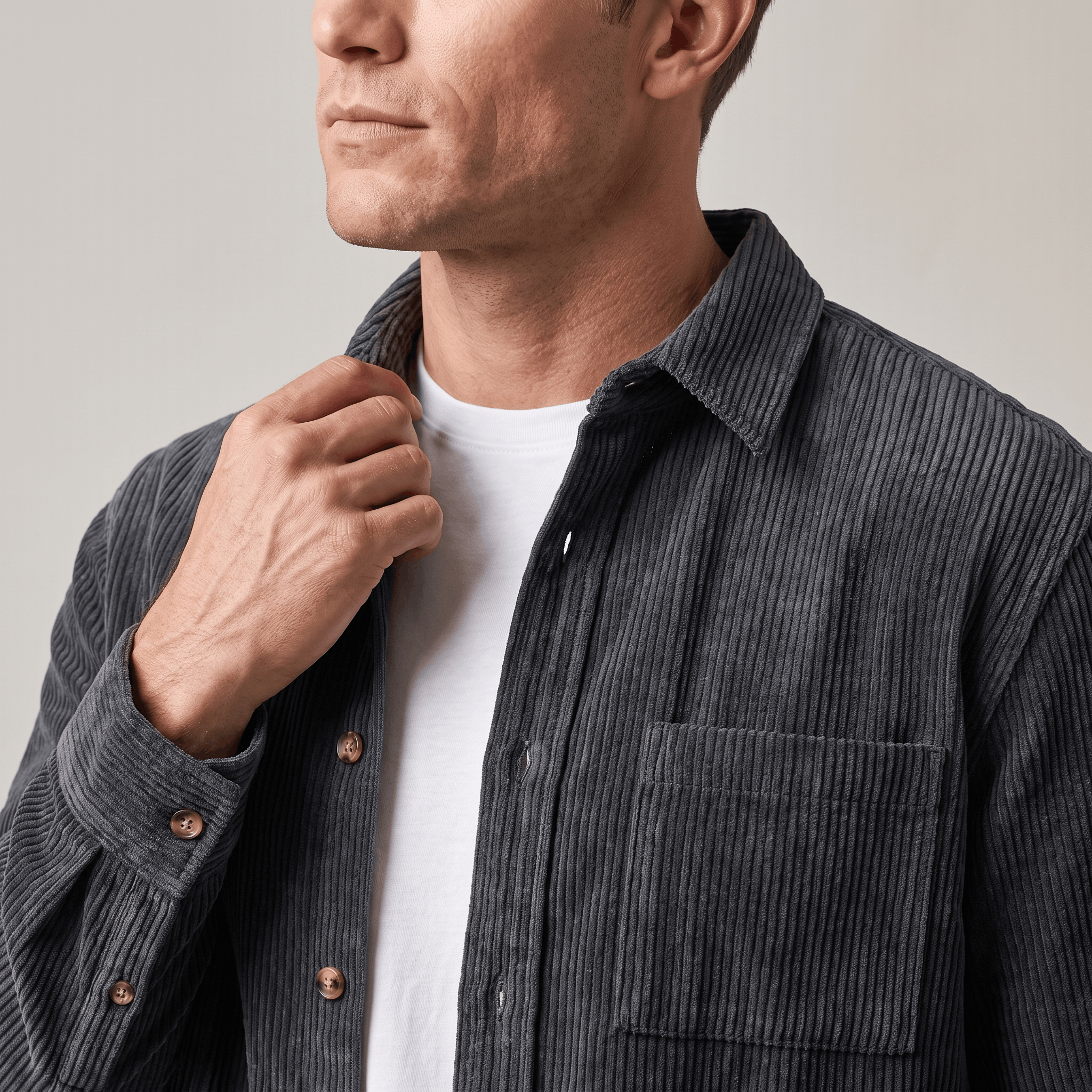 Charcoal grey cotton corduroy shirt in a relaxed fit with a chest pocket, worn open over a white crewneck tee.
