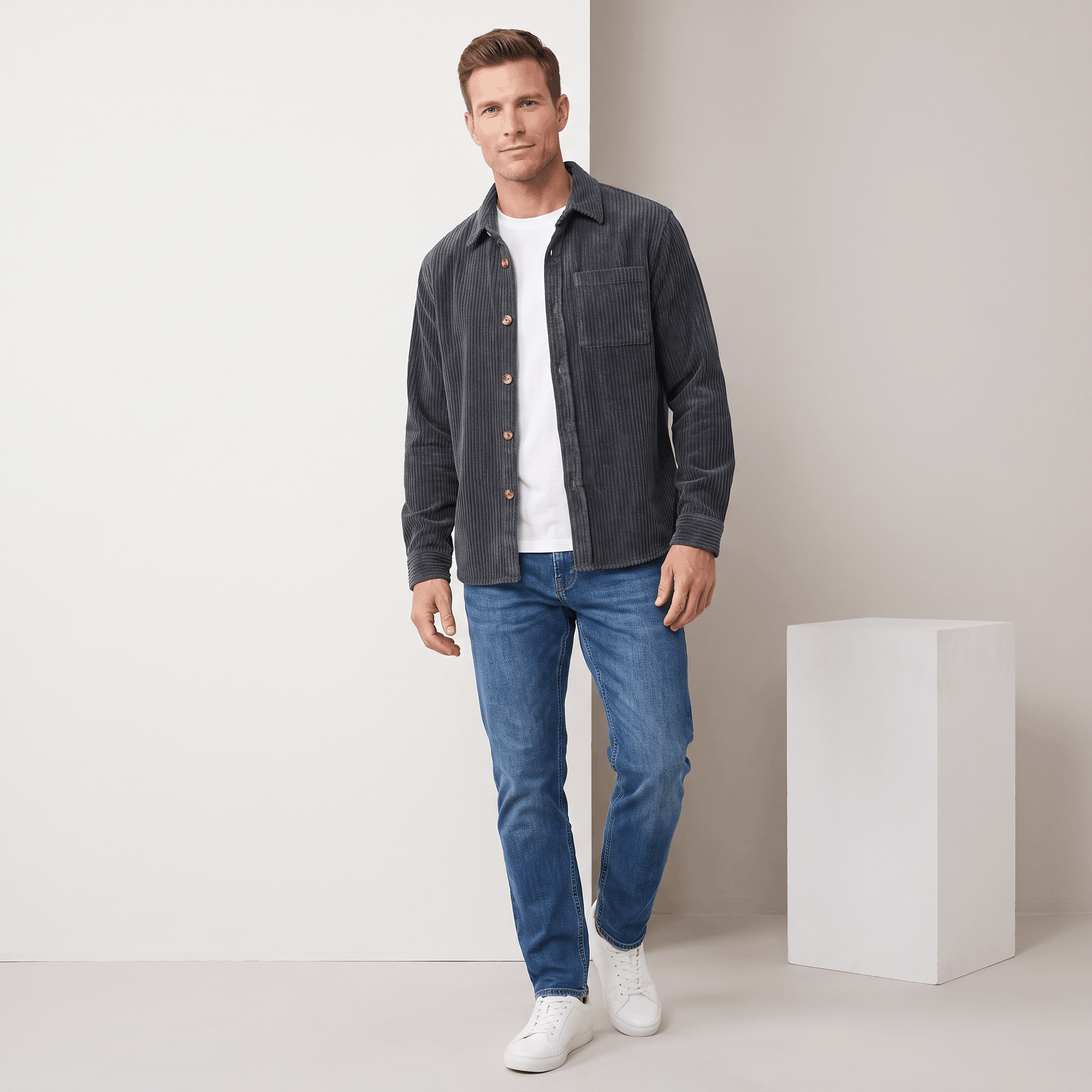 Charcoal grey cotton corduroy shirt in a relaxed fit, worn open over a white tee with blue jeans and white sneakers.