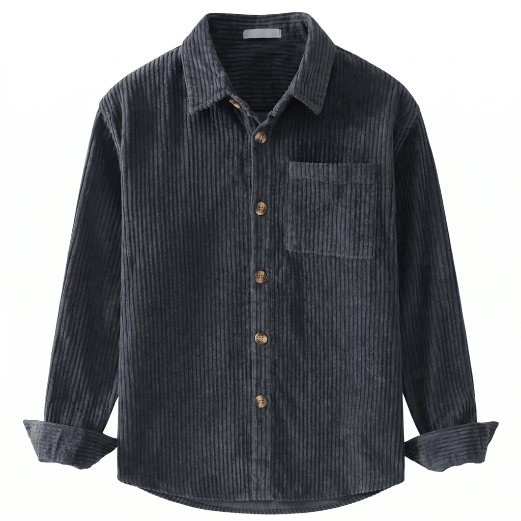 Charcoal grey cotton corduroy shirt with broad ribbing, a structured point collar, chest pocket, and relaxed fit.